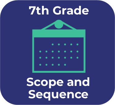 Blue icon with and teal calendar icon that links to the 7th grade mathematics scope and sequence