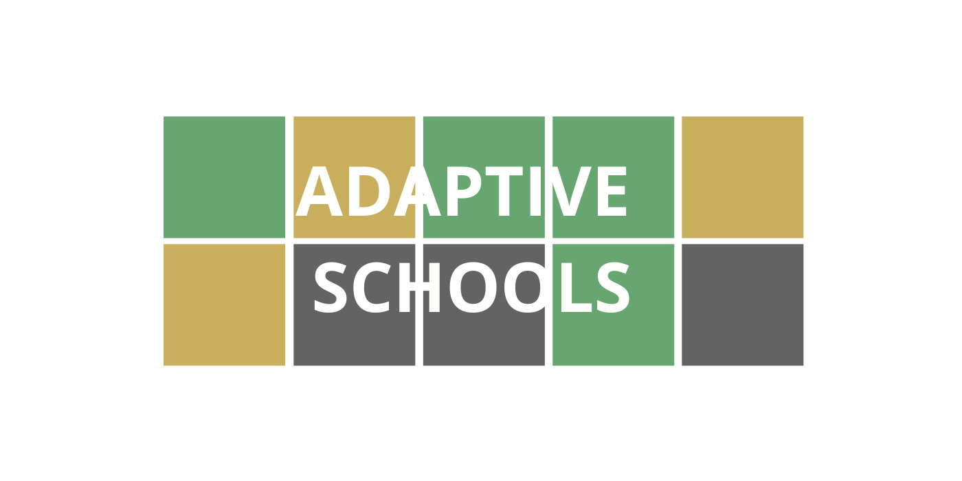 Wordle style colorful blocks with course title "Adaptive Schools" that is linked to registration for the course.