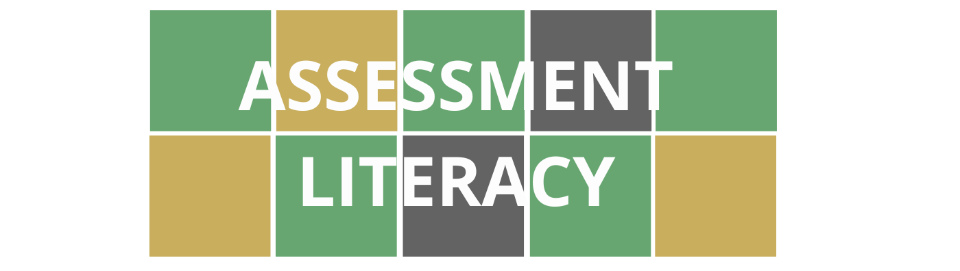 Wordle style colorful blocks with course title "Assessment Literacy" that is linked to registration for the course.