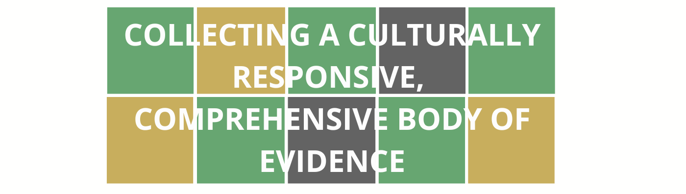Wordle style colorful blocks with course title "Collecting a Culturally Responsive, Comprehensive Body of Evidence" that is linked to registration for the course.