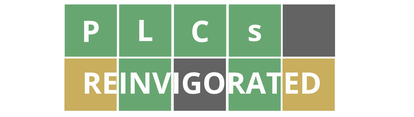 Wordle style colorful blocks with course title "PLCs Reinvigorated" that is linked to registration for the course.