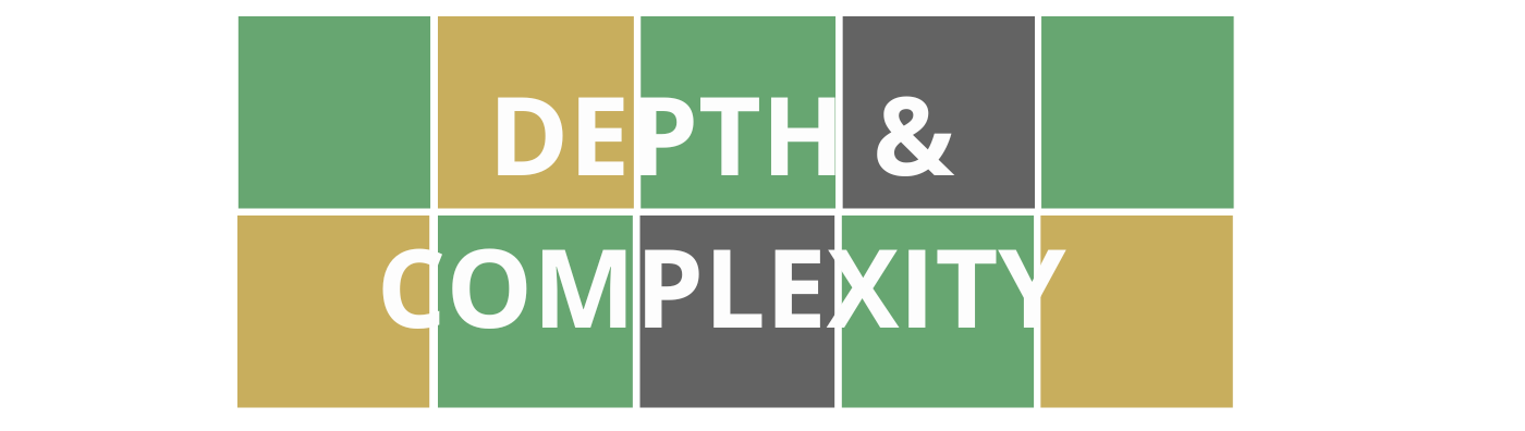 Wordle style colorful blocks with course title "Depth & Complexity" that is linked to registration for the course.