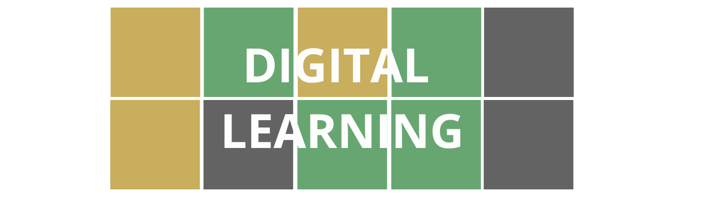 Wordle style colorful blocks with department title of Digital Learning that links to page with course offerings. 
