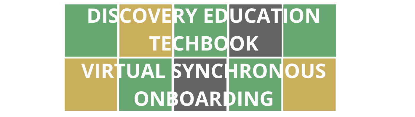 Colorful Wordle style blocks with course title Discover Education Techbook Virtual Synchronous Onboarding that is linked to course registration.