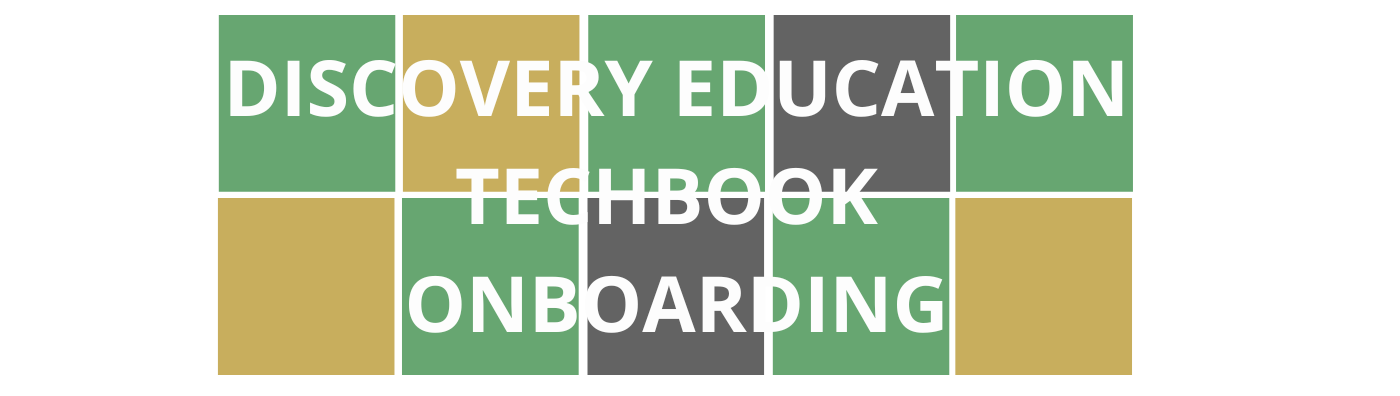 Colorful Wordle style blocks with course title "Discovery Education Techbook Onboarding" that is linked to course registration.