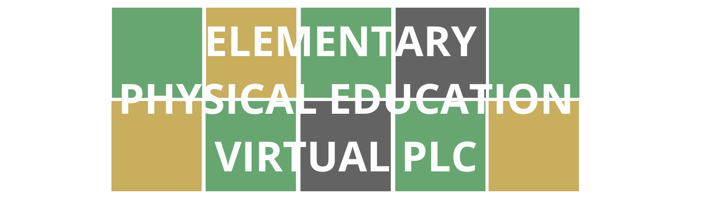 Colorful Wordle style blocks with course title "Elementary Physical Education Virtual PLC" that are linked to course registration.