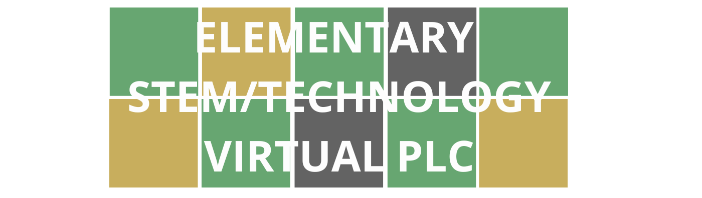 Colorful Wordle style blocks with course title "Elementary STEM/Technology Virtual PLC" that are linked to course registration.