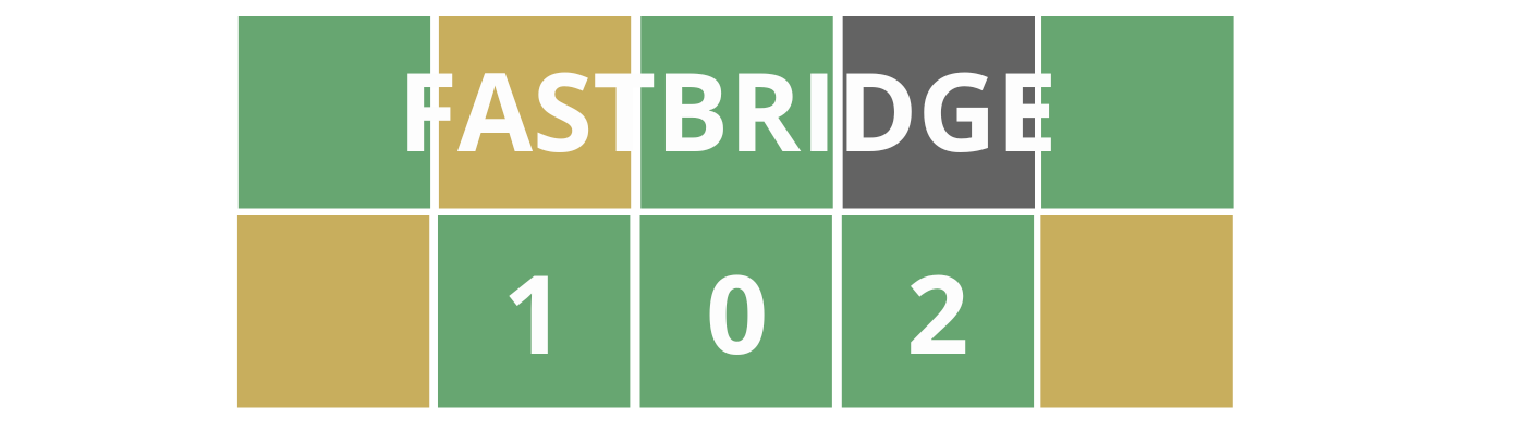 Colorful Wordle style blocks with course title "FastBridge 102" that is linked to course registration.