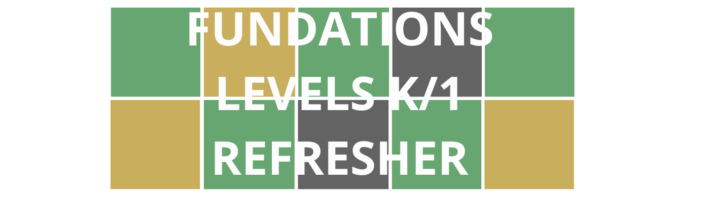 Colorful Wordle style blocks with course title "Fundations Levels K/1 Refresher" that is linked to course registration.