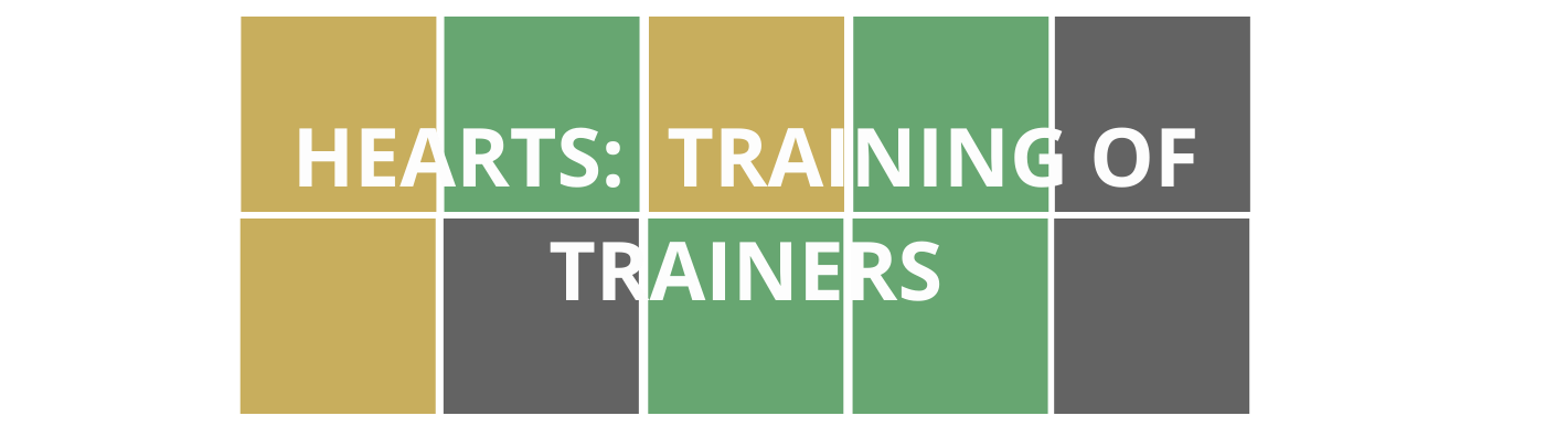 Colorful Wordle style blocks with course title "Hearts: Training of Trainers" that is linked to course registration.