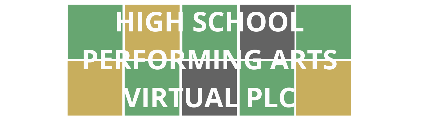 Colorful Wordle style blocks with course title "High School Performing Arts Virtual PLC" that are linked to course registration.