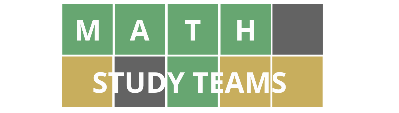 Colorful Wordle style blocks with course title "Math Study Teams" that is linked to course registration.