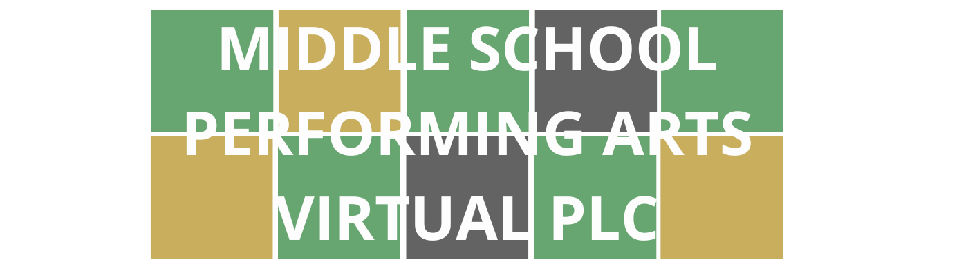 Colorful Wordle style blocks with course title "Middle School Performing Arts Virtual PLC" that are linked to course registration.