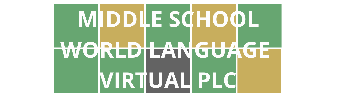 Colorful Wordle style blocks with course title "Middle School World Language Virtual PLC" that are linked to course registration.