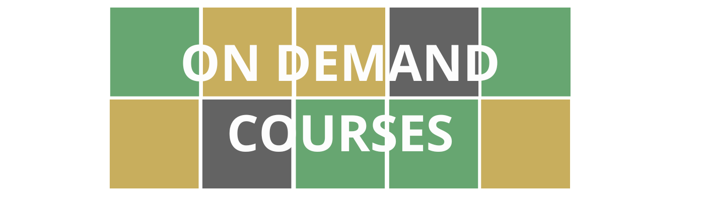 Wordle style colorful blocks with department title of "On Demand Courses" that links to page with course offerings. 