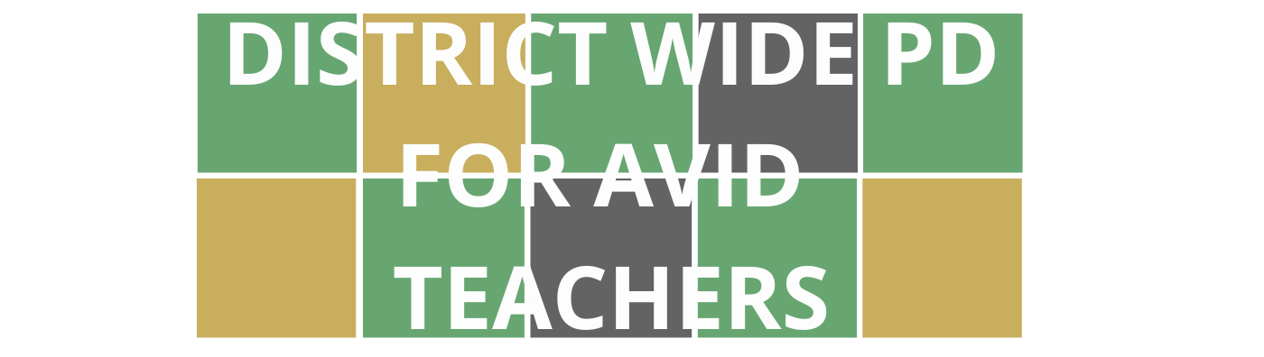 Wordle style colorful blocks with course title "District Wide PD for AVID Teachers" that is linked to registration for the course.
