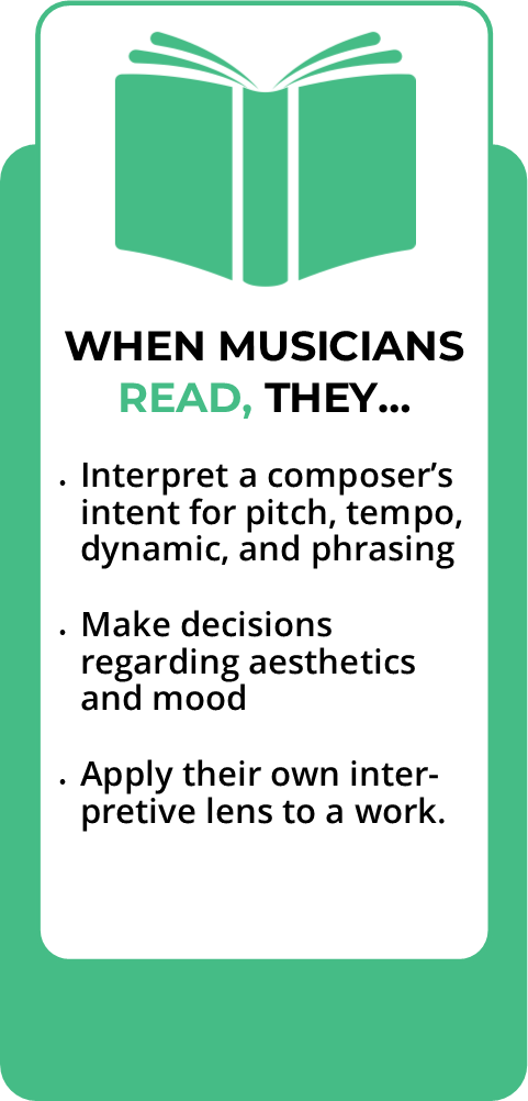When Musicians Read, they interpret a composer's intent for pitch, tempo, dynamics, and phrasing. Make decisions regarding aesthetics and mood. Apply their own interpretive lens to a work. 