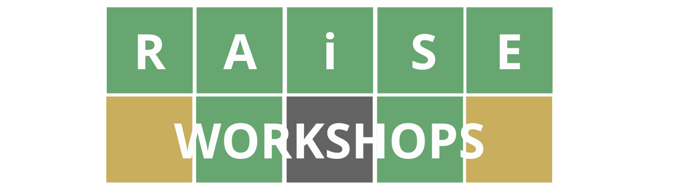 Wordle style colorful blocks with course title "Raise Workshops" that is linked to registration for the course.