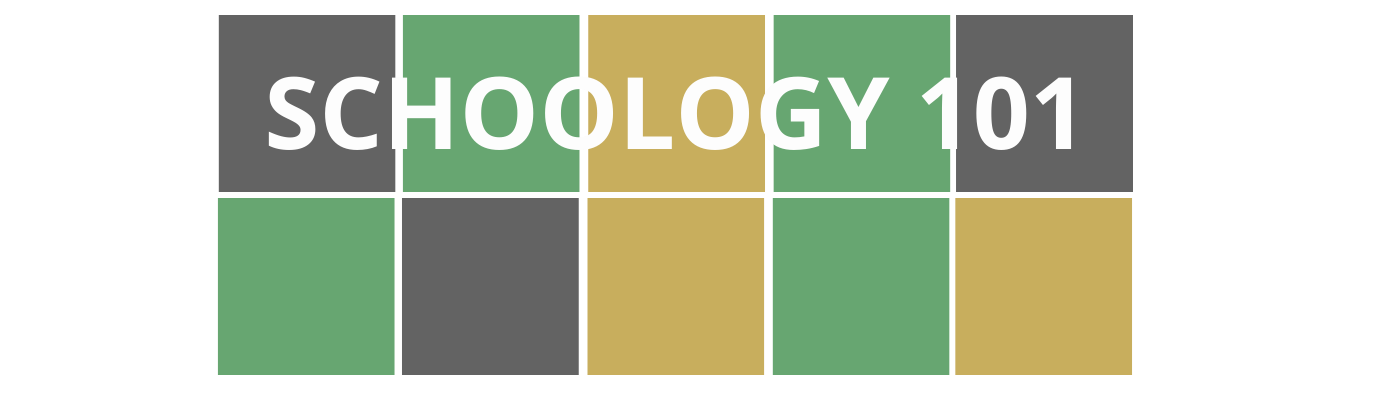 Wordle style colorful blocks with course title "Schoology 101" that is linked to registration for the course.