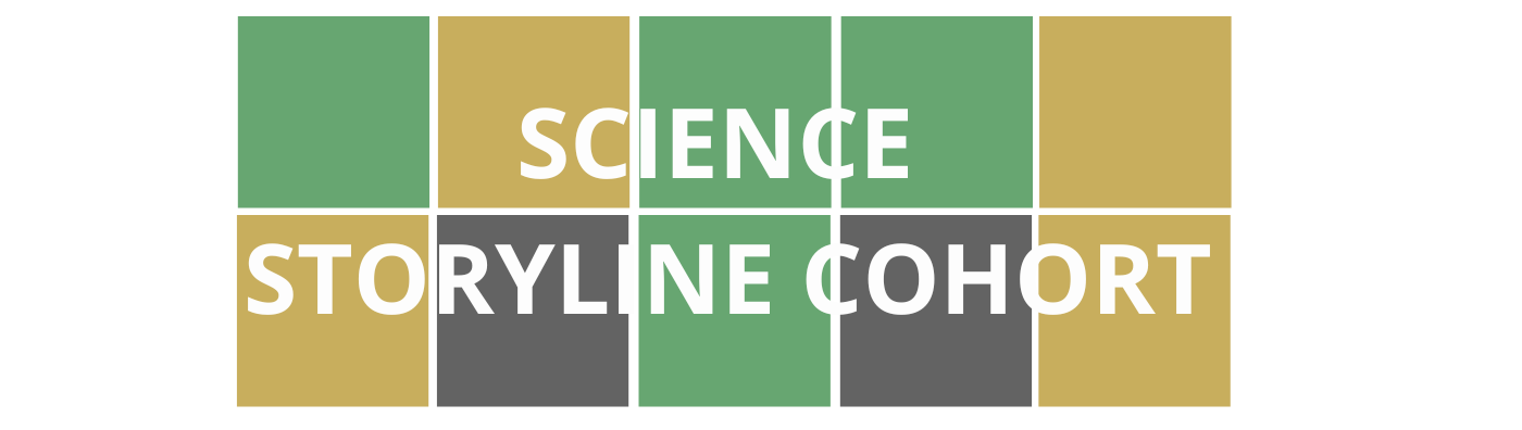 Colorful Wordle style blocks with course title "Science Storyline Cohort" that are linked to course registration.