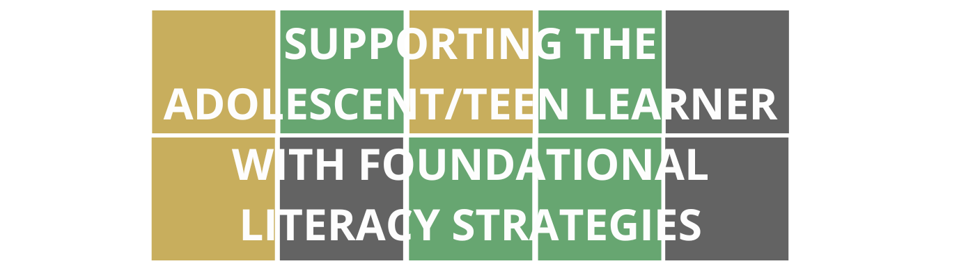 Colorful Wordle style blocks with course title "Supporting the Adolescent/Teen Learner with Foundational Literacy Strategies" that is linked to course registration.