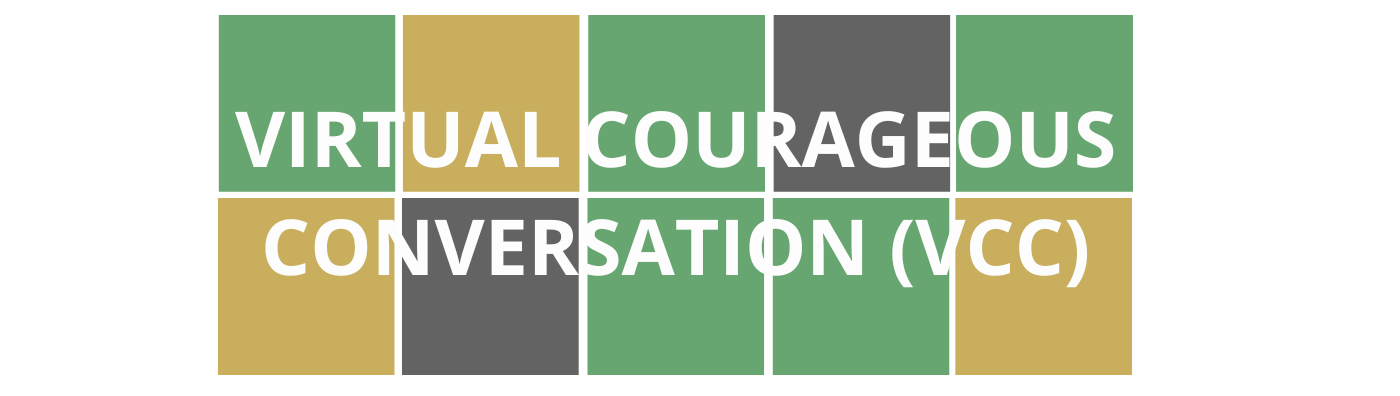 Wordle style colorful blocks with course title "Virtual Courageous Conversations (VCC)" that is linked to registration for the course.