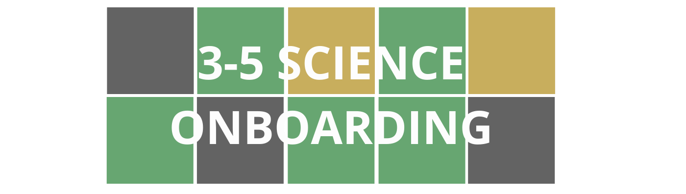 Colorful Wordle style blocks with course title "3-5 Science Onboarding" that is linked to course registration.