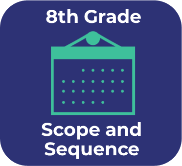 Blue icon with and teal calendar icon that links to the 8th grade mathematics scope and sequence