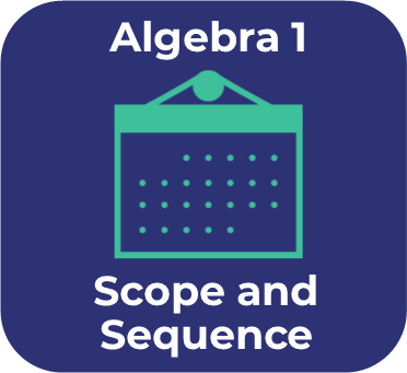 Blue icon with and teal calendar icon that links to the Algebra 1 scope and sequence