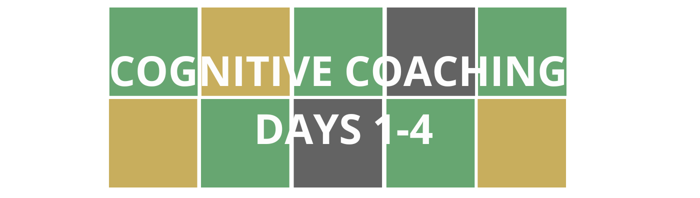 Wordle style colorful blocks with course title "Cognitive Coaching Days 1-4" that is linked to registration for the course.