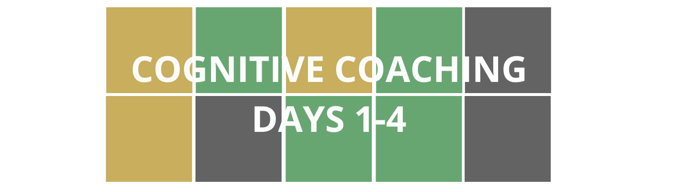 Wordle style colorful blocks with course title "Cognitive Coaching Days 1-4" that is linked to registration for the course.