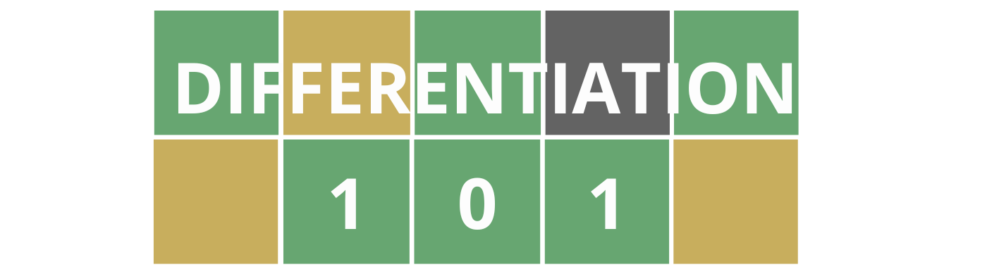 Wordle style colorful blocks with course title "Differentiation 101" that is linked to registration for the course.