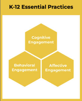 Three Yellow Hexagons titled cognitive engagement, behavioral engagement, and Affective engagement - links to K-12 Essential Practices in Social Studies