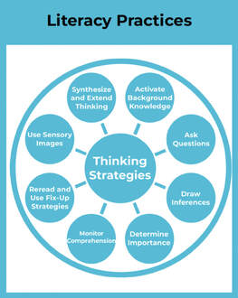 tile for literacy practices with a spoke diagram, thinking strategies in the center and spokes that lead bubbles that say ask questions, draw inferences, determine importance, monitor comprehension, reread and use fix-up strategies, use sensory images, synthesize and extend thinking, and activate background knowledge