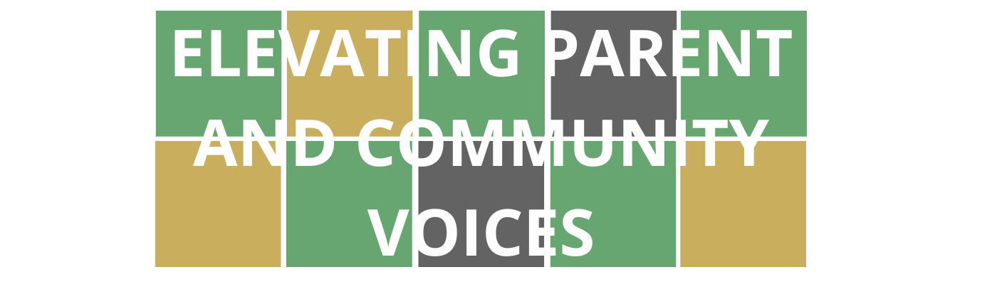 Wordle style colorful blocks with course title "Elevating Parent and Community Voices" that is linked to registration for the course.