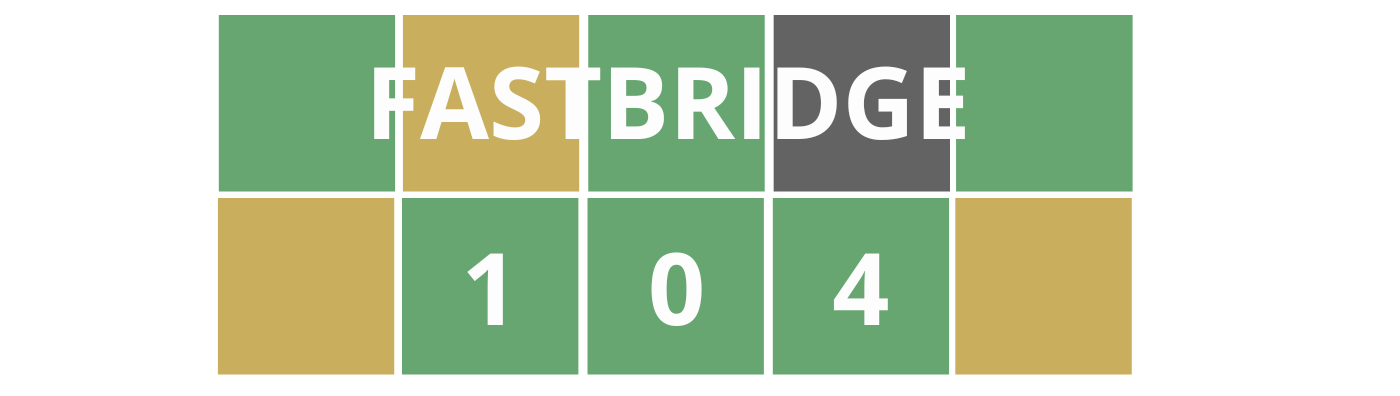 Colorful Wordle style blocks with course title "FastBridge 104" that is linked to course registration.