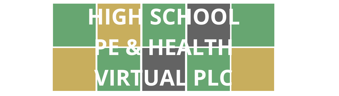 Colorful Wordle style blocks with course title "High School PE & Health Virtual PLC" that are linked to course registration.