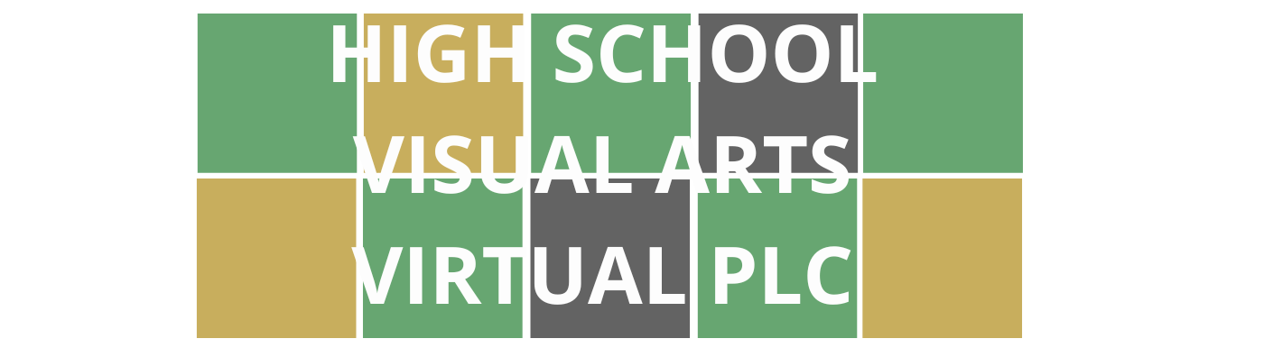 Colorful Wordle style blocks with course title "High School Visual Arts Virtual PLC" that are linked to course registration.