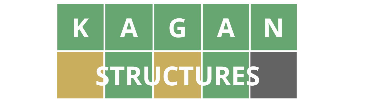 Wordle style colorful blocks with course title "Kagan Structures" that is linked to registration for the course.
