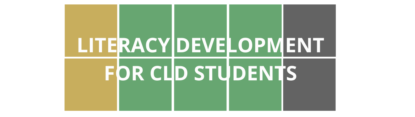 Colorful Wordle style blocks with course title "Literacy Development for CLD Students" that is linked to course registration.