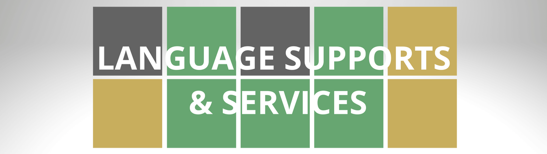 Colorful Wordle style blocks with Language Supports & Services title