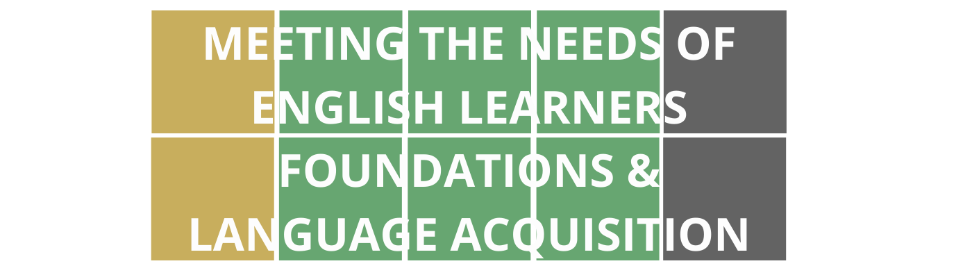 Colorful Wordle style blocks with course title "Meeting the Needs of English Learners Foundations & Language Acquisition" that is linked to course registration.
