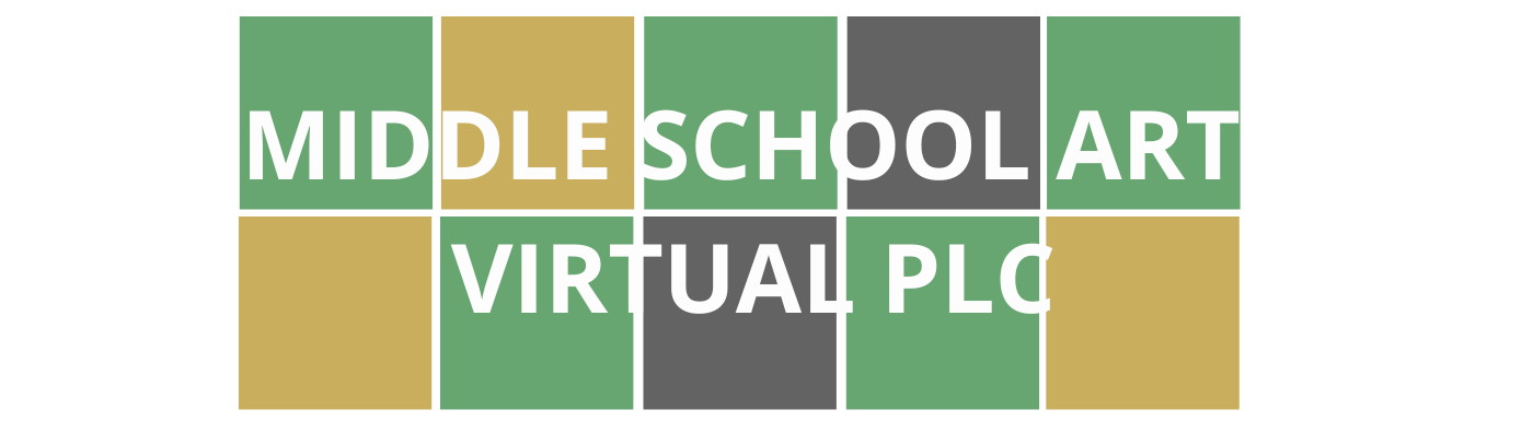 Colorful Wordle style blocks with course title "Middle School Art Virtual PLC" that are linked to course registration.