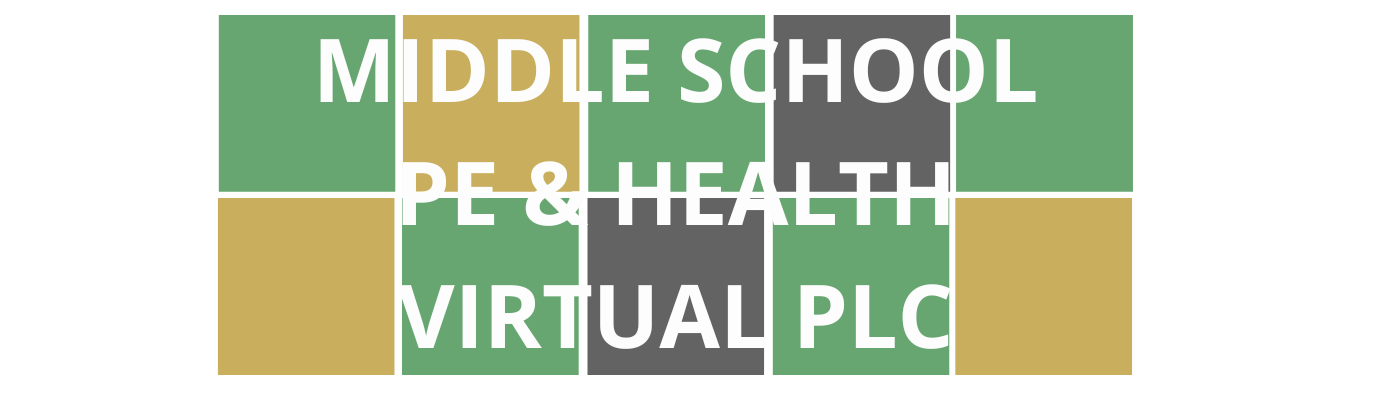 Colorful Wordle style blocks with course title "Middle School PE & Health Virtual PLC" that are linked to course registration.