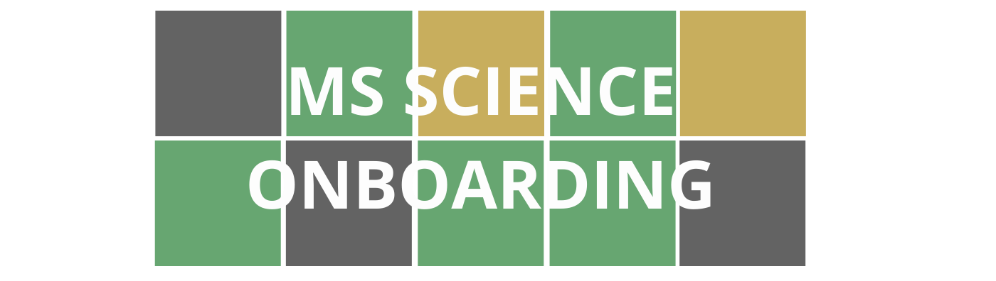 Wordle style colorful blocks with course title "Middle School Science Onboarding" that is linked to registration for the course.