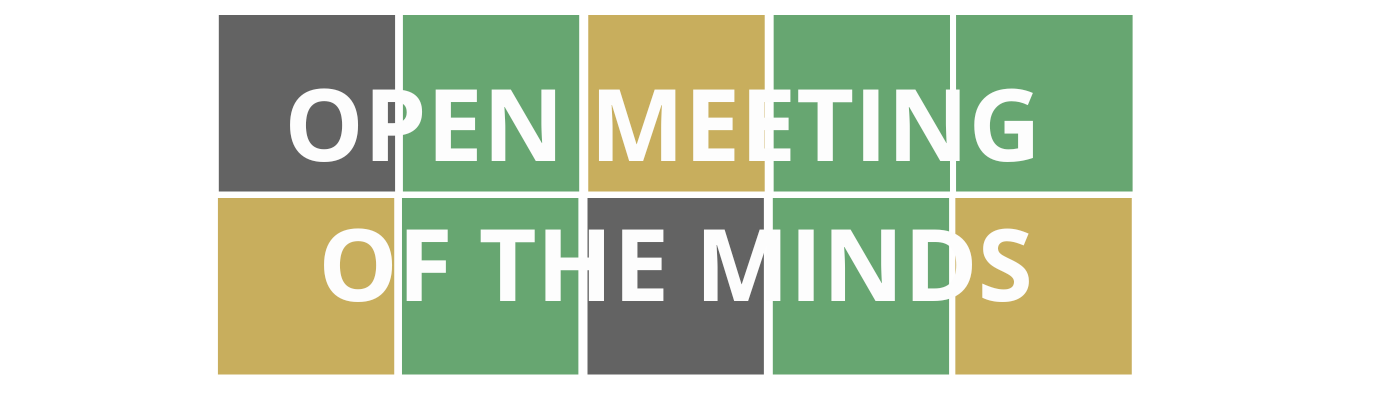 Colorful Wordle style blocks with course title "Open Meeting of the Minds" that is linked to course registration.