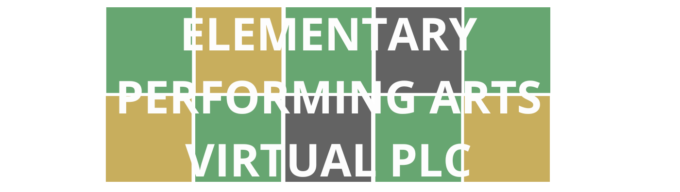 Colorful Wordle style blocks with course title "Elementary Performing Arts Virtual PLC" that are linked to course registration.